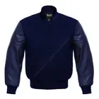 Men's Varsity Baseball Bomber Jacket Wool & Real Leather Sleeves Solid Navy