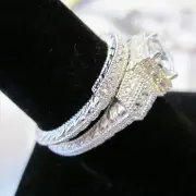Micro Paved Cushion Cut Buagutte Cut 2 Ring Set Silver Platinum Size 5,6,7,8,9