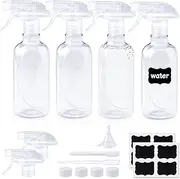4 Pcs Plastic Spray Bottles, 16.9oz/500ml Empty Refillable Container Clear, Mist & Stream Water Spraying Bottle with Funnels Lids Labels for Hair Cleaning Cooking Essential Oil Pet Plants
