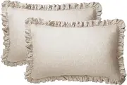 S VICTORY SYMBOL 100% Organic Linen Pillow Cases with Ruffles,Standard Size 20"x30"Set of 2 Edge Ruffled Pillowcases,French Natural Washed Flax Pillow Covers,Solid Color Queen,Oatmeal