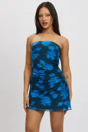 Blue Abstract Strapless Dress Mini Mesh - Size 16XL, Women's Skater Dress