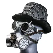 Silver Halloween Spider Web Top Hat w/ Gold Gas Mask & Spike Goggles Costume