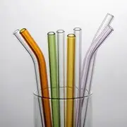 Glass Drinking Straw / Cleaning Brush / Set 2 Piece - Drinking Straw & 2 Piece - Curved Drinking Straw & 1 Piece - Brush - Multicolor - Green & Pink - One Size