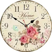 [VIKMARI] 14 Inch Wooden Wall Clock Art Hanging Clocks Silent Non-Ticking Wall Clock Battery Operated Round Home Flowers Style Arabic Numeral Decorative Wall Clocks