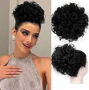 Large Messy Bun Hair Piece Tousled Updo Drawstring Hair Buns Hair Piece Messy Curly Wavy Short Ponytail Extension Synthetic Hair Scrunchies Clip in Bun Hair Pieces for Women (Natural Black#)