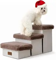 Dog Stairs for Small Dogs Pet Stairs with Storage and Adjustable Steps for High Beds and Couch Pet Ramp for Small Dogs and Cats(3-Steps-Brown)