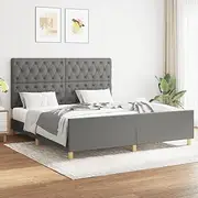 vidaXL Queen Bed Frame with Adjustable Headboard - Dark Grey, 153x203 cm, Fabric Upholstery, Sturdy Legs, Plywood Slats