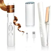 Cordless Hair Straightener Curler, Portable Wireless Hair Straightening and Curling, Titanium Flat Iron, Fast Heating in Seconds, USB Rechargeable, Lightweight for Travel