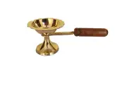 Indian Traditional Simple Brass Dhoop Diya With Wooden Handle For Pooja Purposes