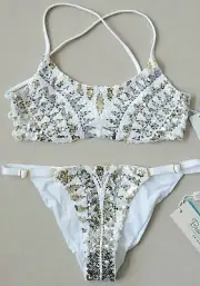 NWT Beach Bunny Sloane Sequin Bralette (XS) & Skimpy Bottom (S & M), White