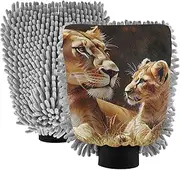 XYMZR Lion Nature Grassland Absorbent Microfiber Car Wash Mitt, Funny Cute Anime Scratch Free for Cars Cleaning, Home Cleaning Mitts, 2 Pack, 10.24” L x 7.09” W