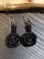 UNIQUE GORGEOUS BLACK CARVED ROSE BEAD/BLACK WIRE DESIGN EARRINGS