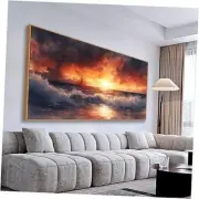 Large Ocean Sunset Canvas Wall Art Seascape with Sailboat Wood Frame Living