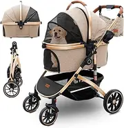 Pettingzoo Dog stroller with 4 Wheels, Folding Cat Stroller for Small/Medium/Large dogs & cats to 60 lbs, pet stroller with removable carrier, Storage Basket,Cup Holder,3 in1 Multifunctiona Detachable