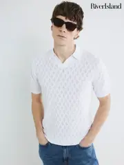 River Island White Short Sleeve Textured Open Collar 100% Cotton Polo Shirt (F89976) | $74