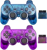 Wireless Controller for PS2,Built-in Dual Vibration 2.4G Gamepad Joystick Compatible for Playstation 2 (2PACK, Clear Blue and Clear Purple)