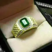 2Ct Lab-Created Emerald Diamond Men's Wedding Pinky Band Ring Yellow Gold Plated