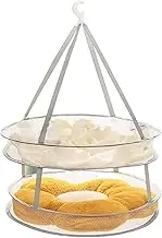 Flat Drying Rack for Sweaters - Foldable 2-Tier Sweater Dryer with Hook Drying Rack - Space Saving Laundry Flat Mesh Basket Dry Hanger for Clothes