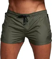 [Aosufei] Men's Square Leg Quick Dry Shorts Solid Casual Sports Shorts with Liner Breathable Elastic Waist Board Shorts