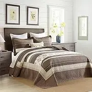 QuiltMuse Farmhouse Bedspread King Size 120"x120" - 100% Cotton Lightweight Oversized King Quilt with 2 Pillowshams, Damask Striped King Quilted Bedding Cover Coverlet, Beige/Brown