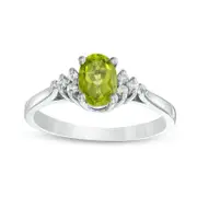 Oval Peridot and Natural Diamond Accent Tri-Sides Ring in Solid 10K White Gold