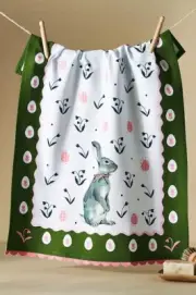 ANTHROPOLOGIE BLOSSOM BUNNY Dish Towel NWT Grey Rabbit EASTER Nature Core Child
