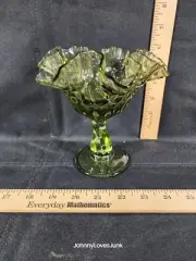 Vintage Fenton Art Glass Colonial Green Thumbprint Ruffled Compote Comport #2