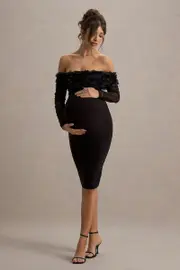 Adita | Black Mesh Floral Bardot Maternity Midi Dress