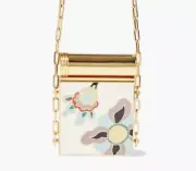 NEW VALENTINO GARAVANI Gold-Tone White Floral Enamel Compact Mirror On Chain