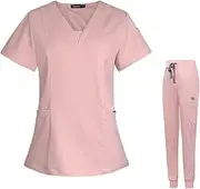 Meichoon Scrubs for Women Set Medical Clothing Sweet V-Neck Top with 3 Pockets Stretch Yoga Jogger Pants Sweat Wicking Lightweight DK08