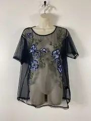 Next UK size 16 net round neck short sleeve top with purple flowers