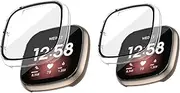 THRE【2 Pack】For Fitbit Versa 3 Sense Screen Protector Case Cover with Hard PC Material, Comprehensive Protection with Tempered Glass, precise Cutouts (Clear+Clear)