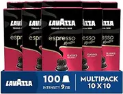 [Lavazza] Espresso Maestro Classico, 100 Aluminium Coffee Pods Compatible with Nespresso Original Machines, Cereals & Cookies Notes, 100% Arabica, Intensity 9, Medium-Dark Roast, 10 Packs of 10 Pods