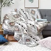 Luxlovery Bohemian Sofa Throw Blankets Ethnic Woven Boho Geometric White and Khaki Throw Blanket for Couch Aztec Bed Throws Oversized Chair Sofa Cover with Tassels(51"x63")