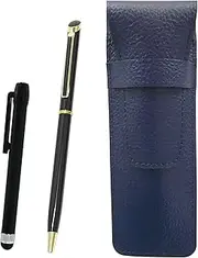 SASL-ALB-WD002-B Grain Leather Pen Case Blue Metal Touch Stick Black and Epoxy Rotating Ballpoint Pen Set Black