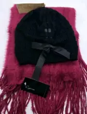 Cejon Women's Burgundy Fringed with American Rag Hat Set 2pc NWT