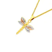 9ct Tri Tone Hollow Diamond Cut Dragonfly Pendant