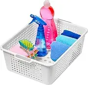 Madesmart Plastic Multipurpose Storage Basket with Handles, Portable Under Sink and Cabinet Organizer Storage Bin, Medium, White