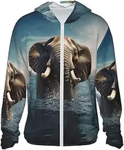 [LHBWCVN] UPF 50+ Light Jacket Full Zip Sun Protection Hoodie for Women Men Long Sleeve Swimming African Elephant Sun Shirts
