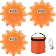 3Pcs LED Road Flares Emergency Light Kit, Rechargeable LED Road Flares Emergency Lights, Roadside Warning Flashing Warning Flares Kit with Magnetic Base for Car Truck Boats