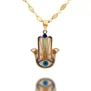 14K Solid Gold Pendant Necklace Hand-Painted Abstract Evil Eye in Hamsa Hand