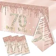 Excelloon 3 Pack 70th Birthday Tablecloth Decor Women,Pink Rose Gold Happy 70 Birthday Table Cover Party Supplies,Seventy Year Old Birthday Plastic Disposable Rectangular Table Cloth Decor 54''x108''