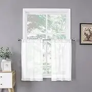 Tollpiz Short Sheer Tier Curtains Kitchen Linen Textured Half Curtain Sheers Light Filtering Rod Pocket Voile Bathroom Small Curtains for Farmhouse, 25 x 30 inches Long, White, Set of 2 Panels