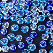 Domestar 65PCS Iridescent Blue Flat Marbles, Decorative Glass Pebbles Beads Vase
