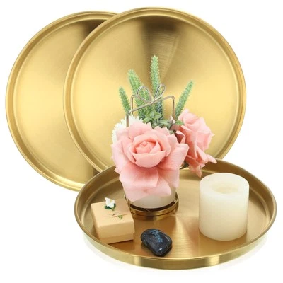 3 Pcs 12 Inch Gold Round Serving Tray Stainless Steel Circle Decorative Vanit...