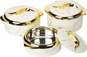 Hywisnok Luxury 3-Piece 2.6/2.1/1.6qt Thermal Casserole Dish Set with Lids, Insulated Stainless Steel Container for Hot & Cold Food, Serving Bowl for Buffets/Parties-Marble White
