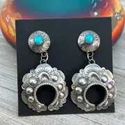 Sterling silver Turquoise Hand stamped naja concho earrings, Navajo Gabrielle Y