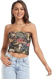 [RPLIFE] Vintage Mushrooms Plants Women's Tube Top, Going Out Crop Top, Mesh Tube Tops, Trendy Crop Tops (S)