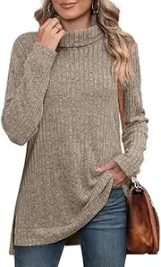 [Placitiume] Women's Oversized Turtleneck Tunic Tops Long Sleeve Fall Sweaters with Side Split High-Low Hemline, Brown, XXL