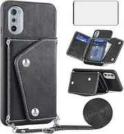 [Asuwish] Phone Case for Motorola Edge+ Plus 2022/Edge X30/30 Pro Wallet Cover with Tempered Glass Screen Protector Credit Card Holder Crossbody Strap Leather Cell Accessories Moto Edge + 5G UW Black